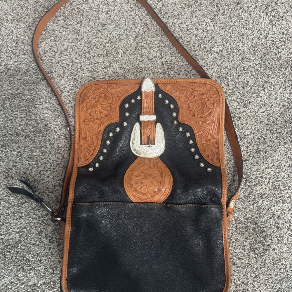Western Leather Crossbody Bag - Black and Brown